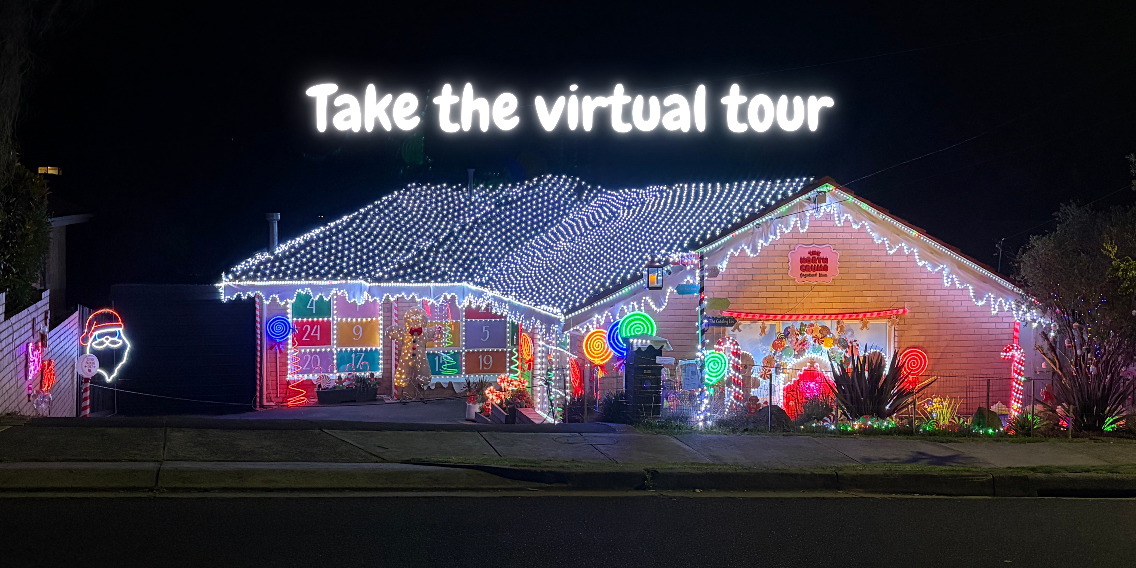 Load video: Life-sized gingerbread house called The North Crumb. Handmade Christmas decorations. Melbourne, Australia.